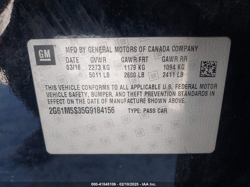 2016 CADILLAC XTS VIN: 2G61M5S35G9184156