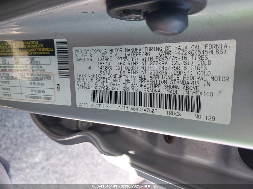 2007 TOYOTA TACOMA VIN: 3TMMU52N27M003825