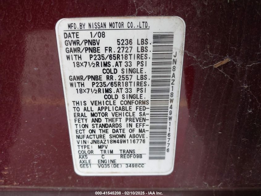 2009 Nissan Murano S VIN: JN8AZ18W49W116776 Lot: 41545208