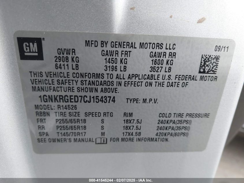 2012 Chevrolet Traverse 1Lt VIN: 1GNKRGED7CJ154374 Lot: 41545244