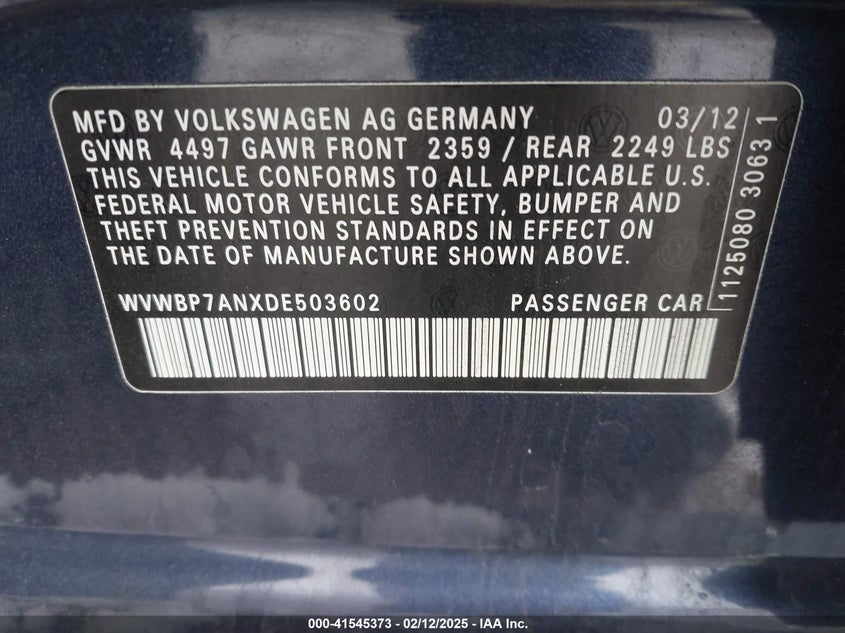 2013 VOLKSWAGEN CC VIN: WVWBP7ANXDE503602