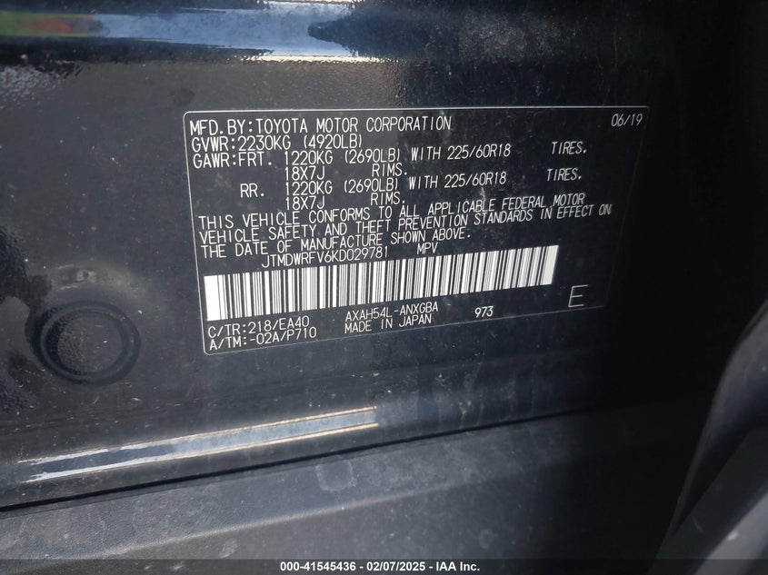 2019 TOYOTA RAV4 HYBRID LIMITED - JTMDWRFV6KD029781