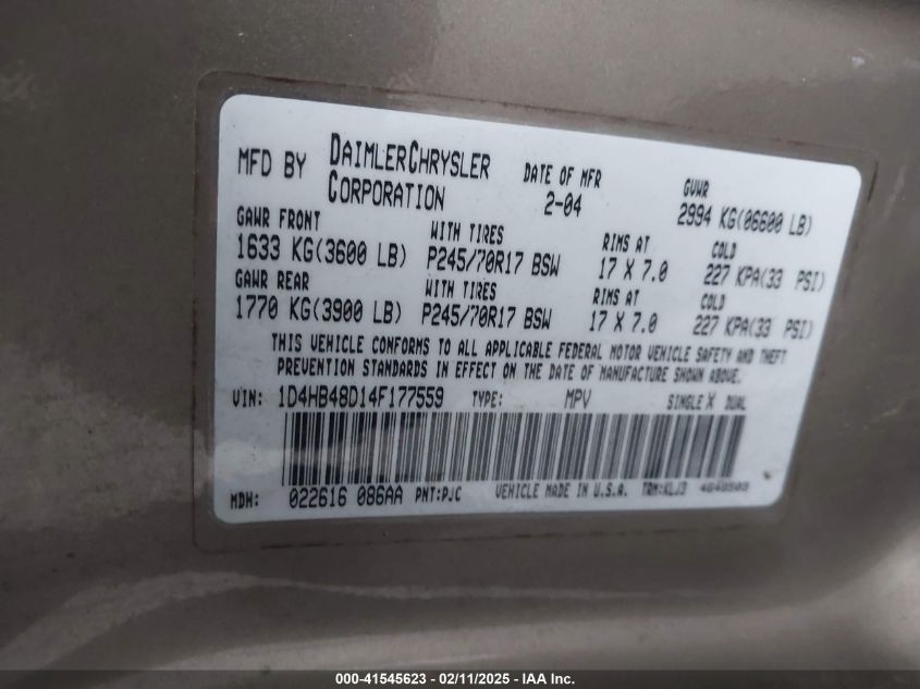 2004 Dodge Durango Slt VIN: 1D4HB48D14F177559 Lot: 41545623