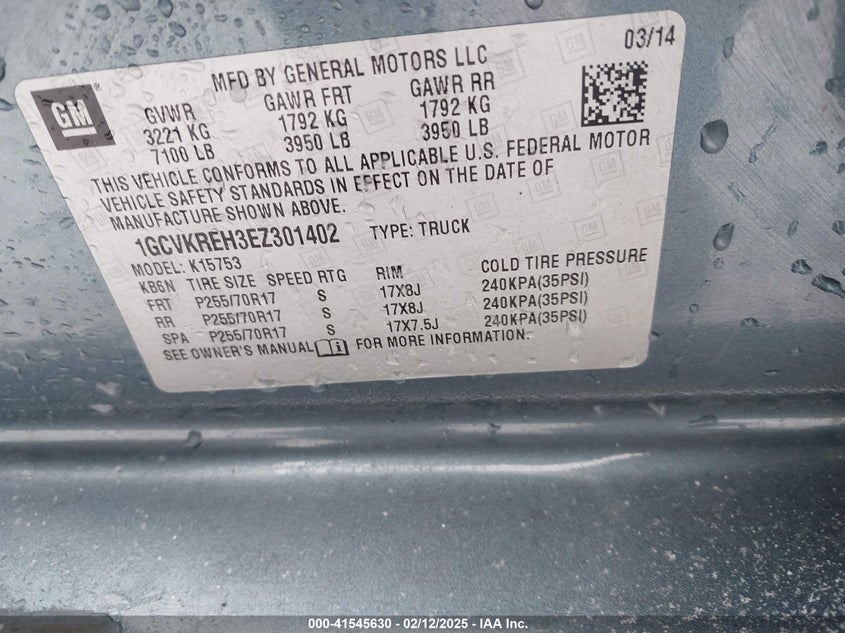 2014 CHEVROLET SILVERADO 1500 VIN: 1GCVKREH3EZ301402