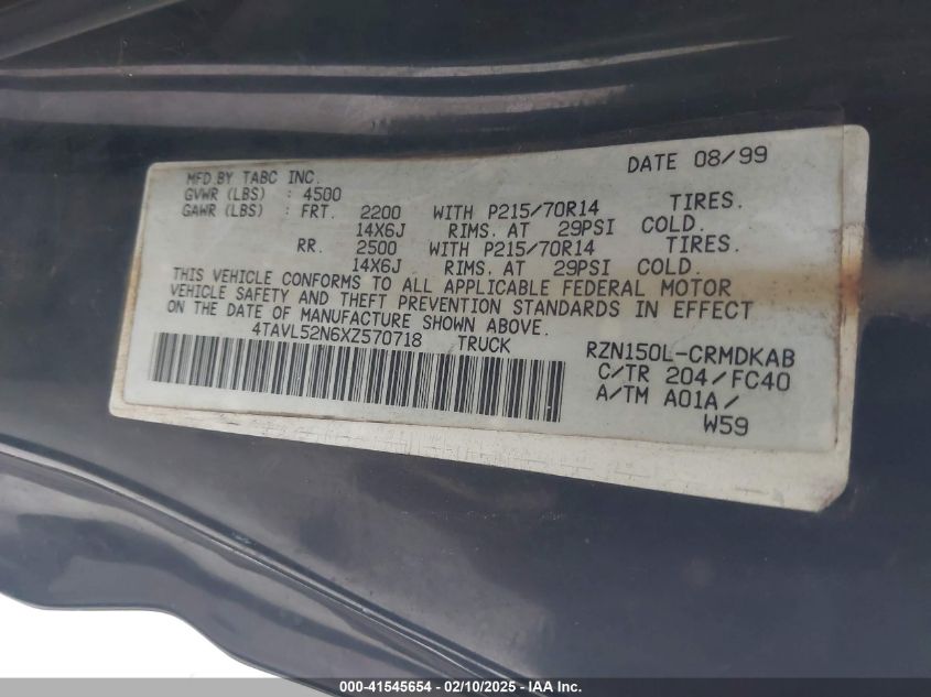 1999 Toyota Tacoma VIN: 4TAVL52N6XZ570718 Lot: 41545654