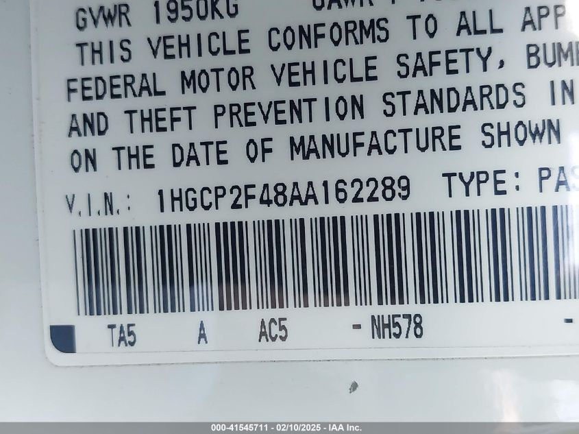 2010 Honda Accord 2.4 Lx-P VIN: 1HGCP2F48AA162289 Lot: 41545711