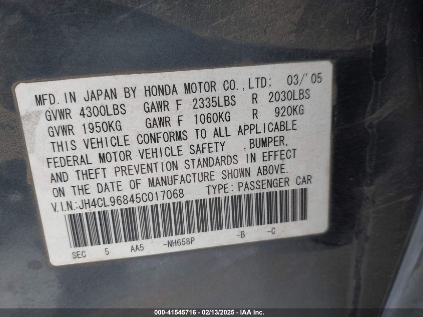 2005 Acura Tsx VIN: JH4CL96845C017068 Lot: 41545716