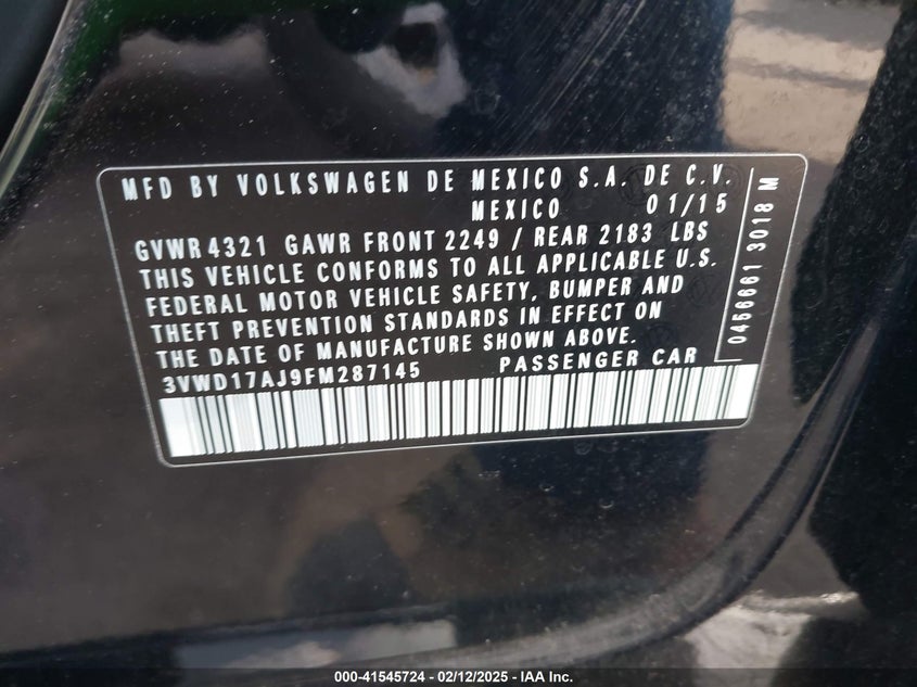 2015 VOLKSWAGEN JETTA VIN: 3VWD17AJ9FM287145