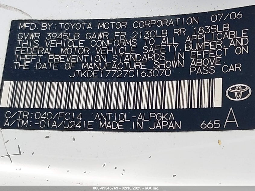 2007 SCION TC VIN: JTKDE177270163070