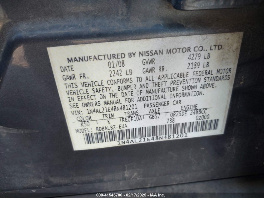 2008 NISSAN ALTIMA VIN: 1N4AL21E48N481201