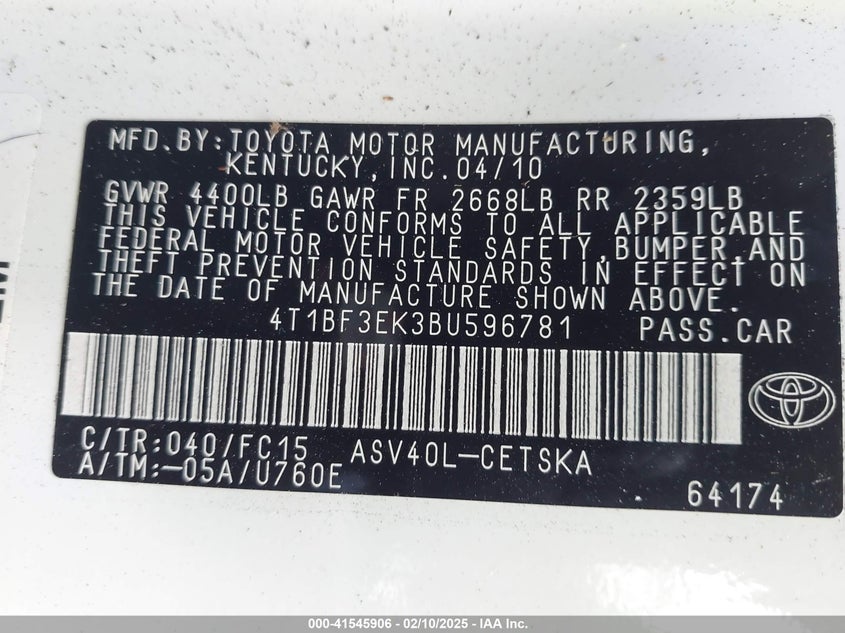 2011 TOYOTA CAMRY VIN: 4T1BF3EK3BU596781
