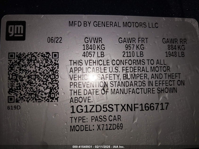 2022 CHEVROLET MALIBU VIN: 1G1ZD5STXNF166717