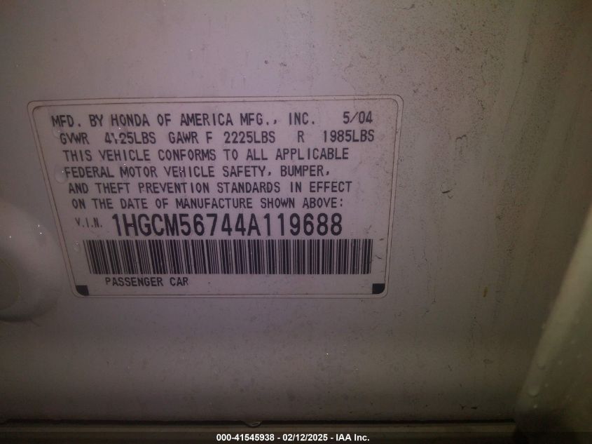 2004 Honda Accord 2.4 Ex VIN: 1HGCM56744A119688 Lot: 41545938