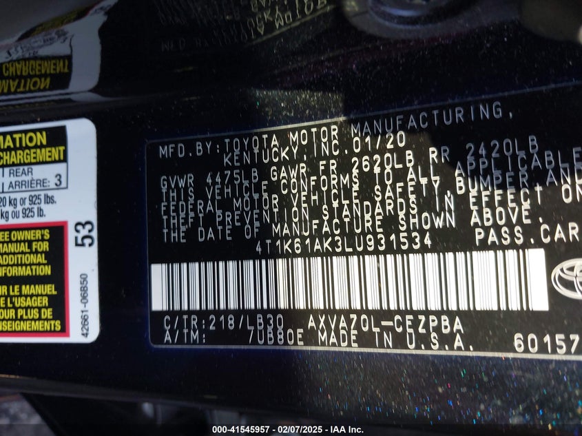2020 TOYOTA CAMRY VIN: 4T1K61AK3LU931534