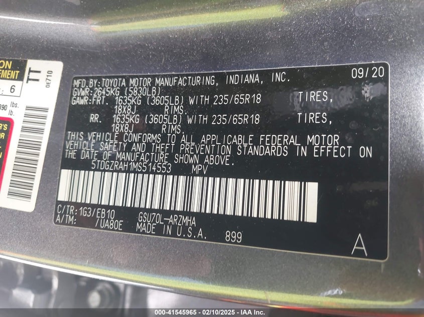 2021 TOYOTA HIGHLANDER VIN: 5TDGZRAH1MS514553