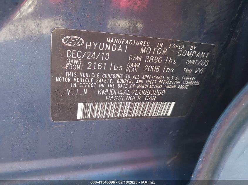 2014 Hyundai Elantra Se VIN: KMHDH4AE7EU083868 Lot: 41546096