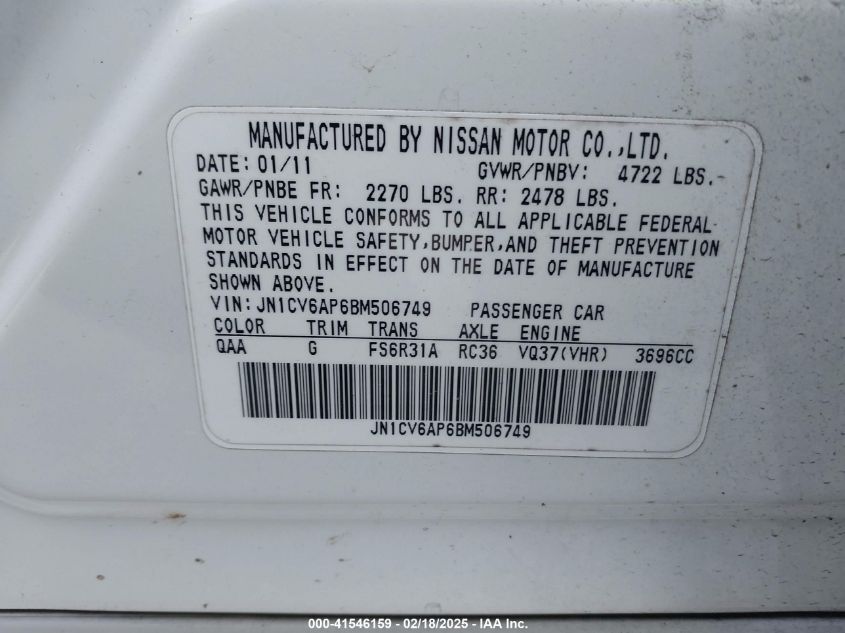 2011 Infiniti G37 Sport VIN: JN1CV6AP6BM506749 Lot: 41546159