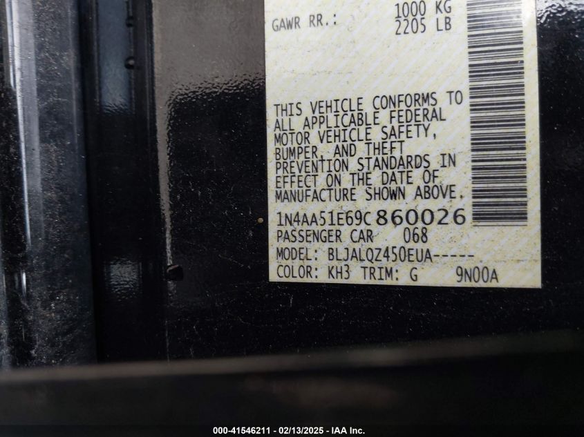 2009 Nissan Maxima 3.5 S VIN: 1N4AA51E69C860026 Lot: 41546211