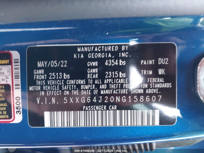 2022 KIA K5 VIN: 5XXG64J20NG158607