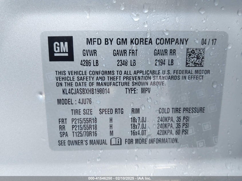 2017 BUICK ENCORE VIN: KL4CJASBXHB198014