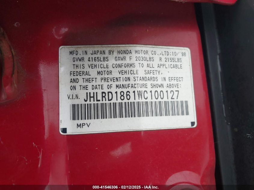 1998 Honda Cr-V Ex VIN: JHLRD1861WC100127 Lot: 41546306