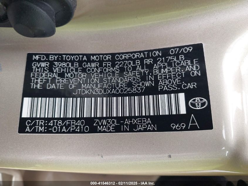2010 Toyota Prius I/Ii/Iii/Iv/V VIN: JTDKN3DUXA0025837 Lot: 41546312