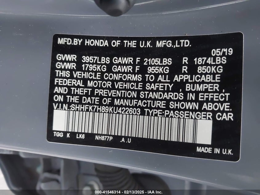 2019 HONDA CIVIC VIN: SHHFK7H89KU422603
