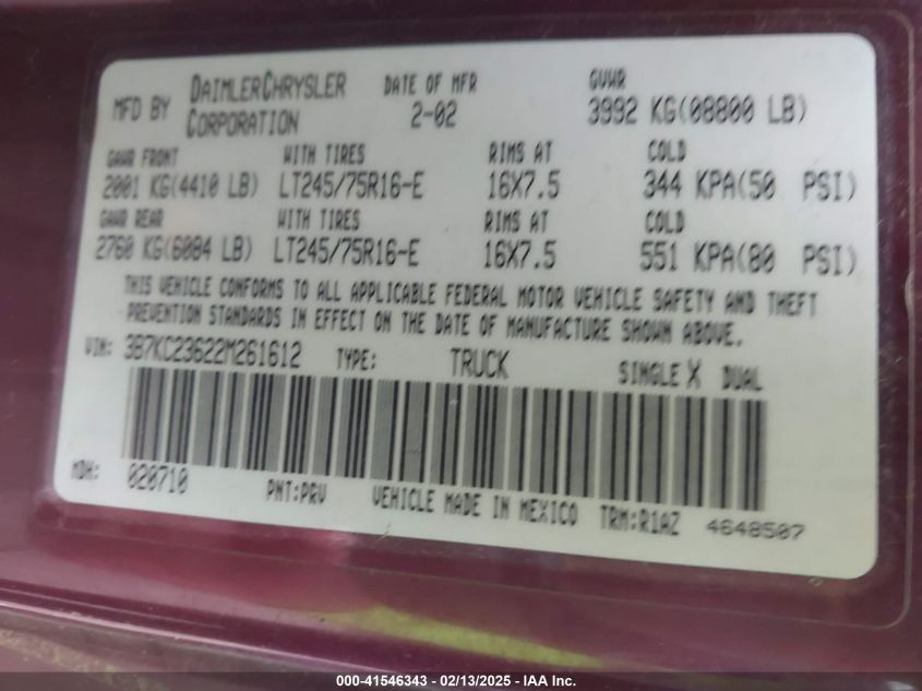 2002 Dodge Ram 2500 St VIN: 3B7KC23622M261612 Lot: 41546343
