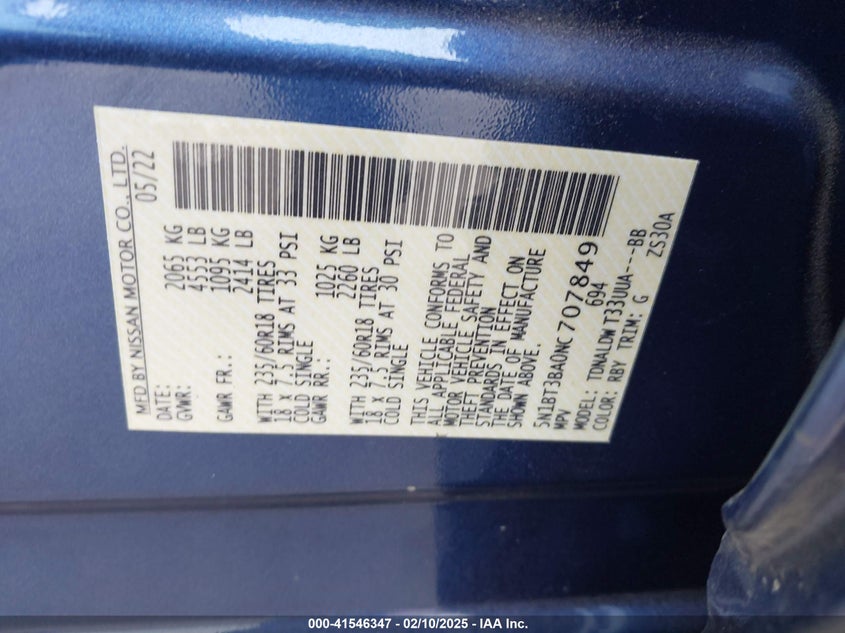 2022 NISSAN ROGUE VIN: 5N1BT3BA0NC707849