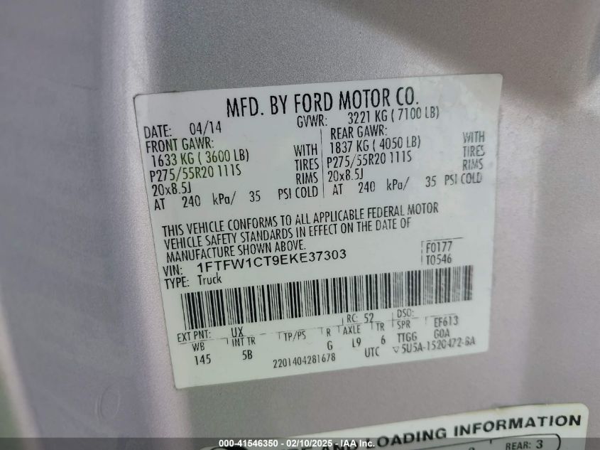 2014 Ford F-150 Fx2 VIN: 1FTFW1CT9EKE37303 Lot: 41546350