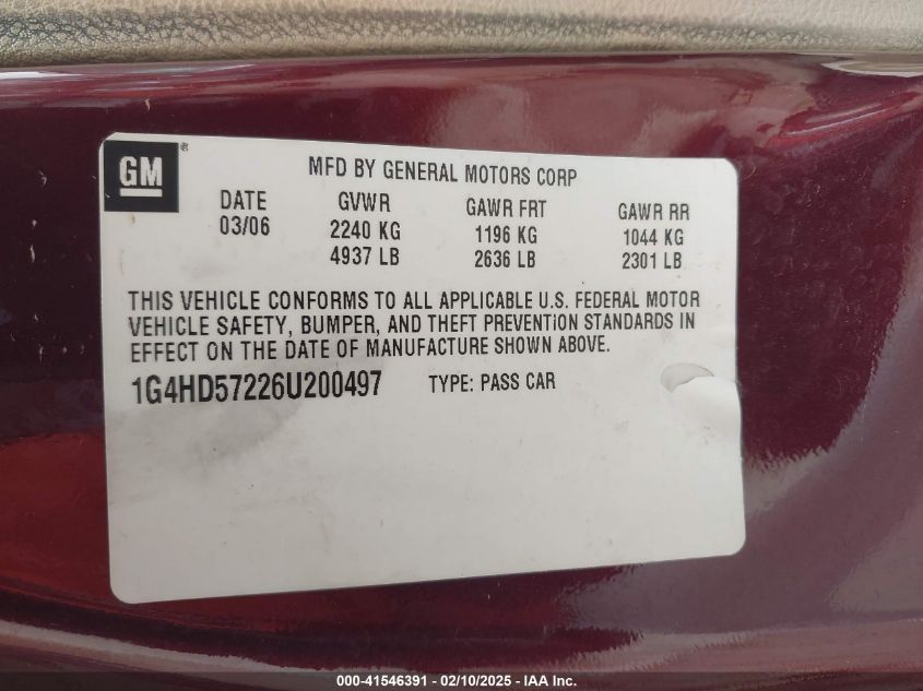 2006 Buick Lucerne Cxl VIN: 1G4HD57226U200497 Lot: 41546391