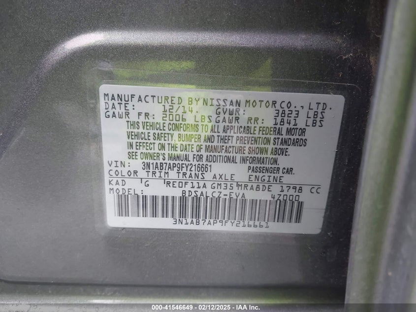 2015 NISSAN SENTRA VIN: 3N1AB7AP9FY216661