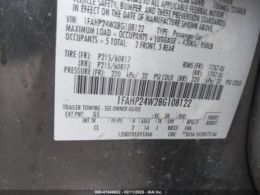 2008 FORD TAURUS VIN: 1FAHP24W28G108122