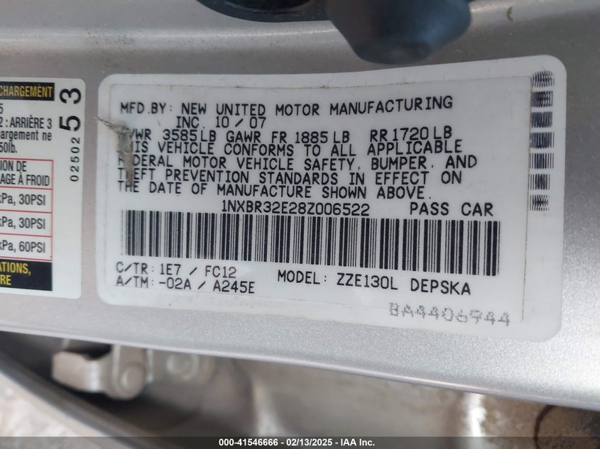 2008 TOYOTA COROLLA VIN: 1NXBR32E28Z006522
