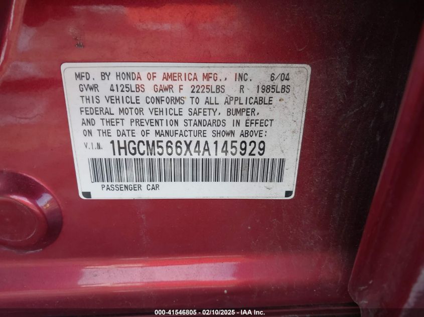 2004 Honda Accord 2.4 Ex VIN: 1HGCM566X4A145929 Lot: 41546805
