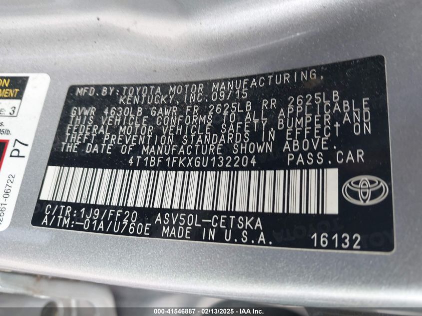 2016 Toyota Camry Se VIN: 4T1BF1FKXGU132204 Lot: 41546887