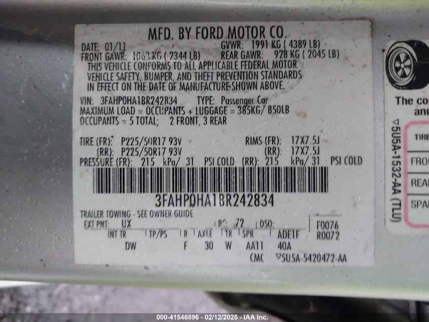 2011 FORD FUSION VIN: 3FAHP0HA1BR242834