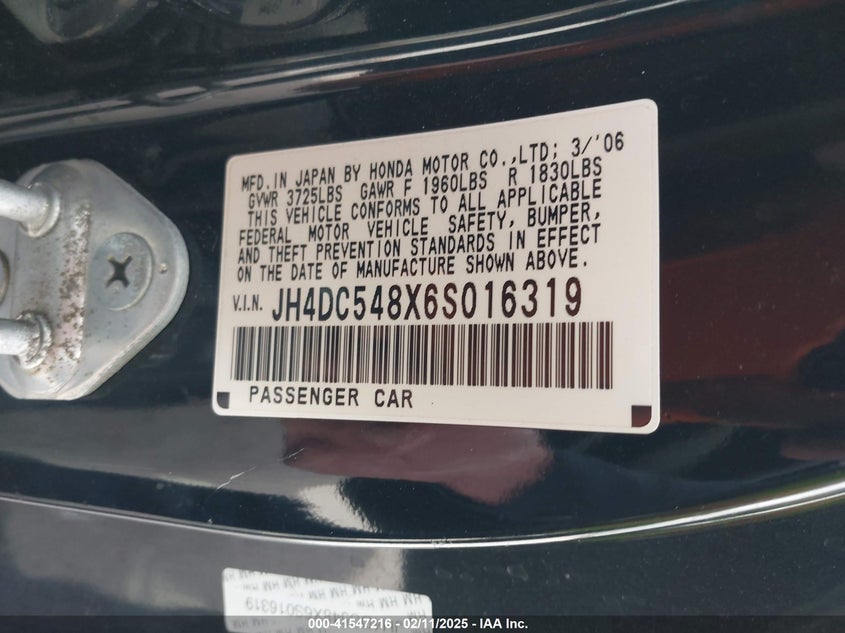 2006 Acura Rsx VIN: JH4DC548X6S016319 Lot: 41547216