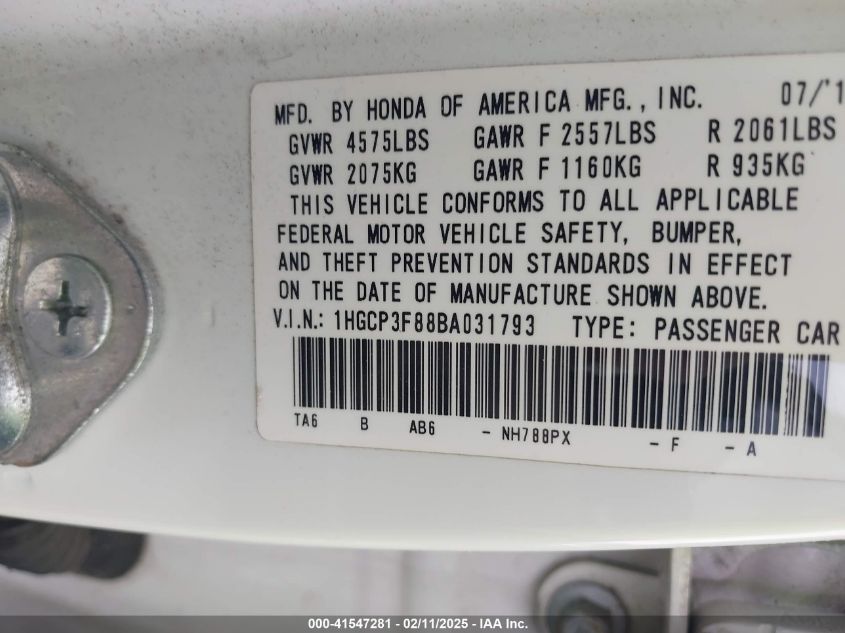 2011 Honda Accord 3.5 Ex-L VIN: 1HGCP3F88BA031793 Lot: 41547281