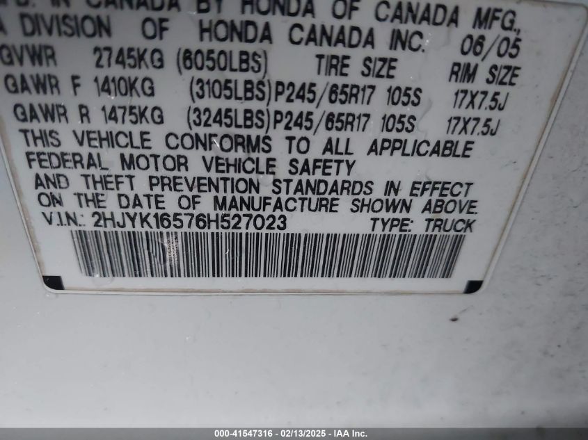 2006 Honda Ridgeline Rtl VIN: 2HJYK16576H527023 Lot: 41547316