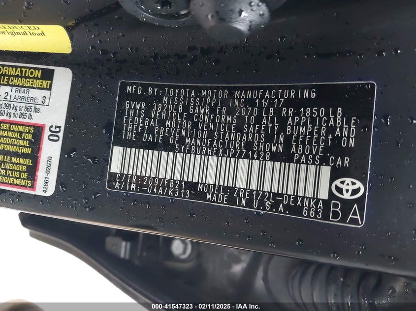 2018 TOYOTA COROLLA VIN: 5YFBURHEXJP771428