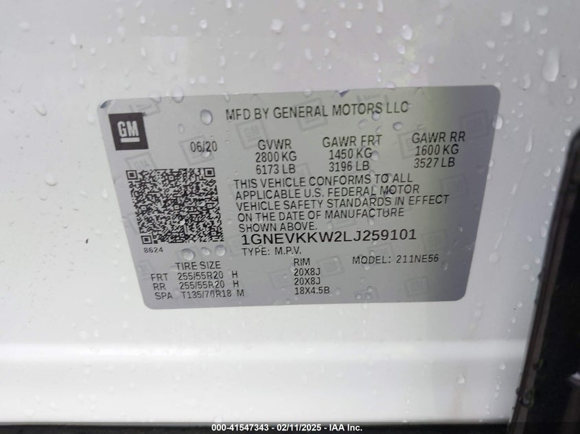 2020 CHEVROLET TRAVERSE VIN: 1GNEVKKW2LJ259101