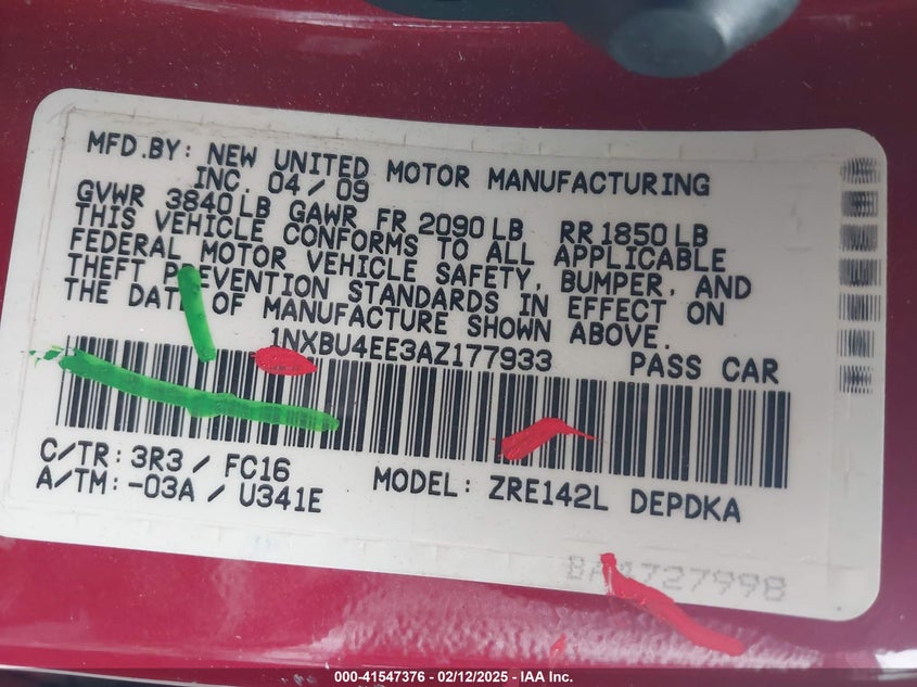 2010 TOYOTA COROLLA VIN: 1NXBU4EE3AZ177933