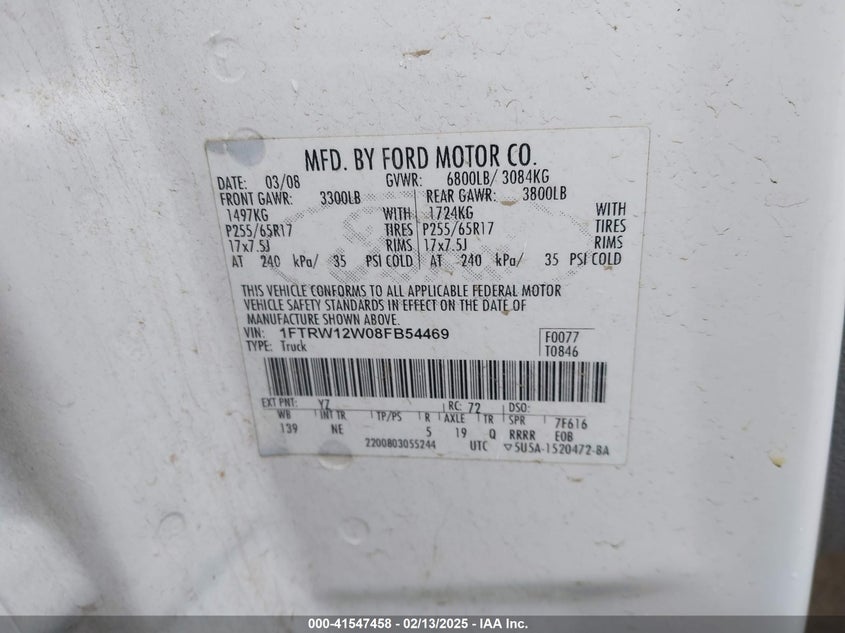 2008 FORD F-150 VIN: 1FTRW12W08FB54469