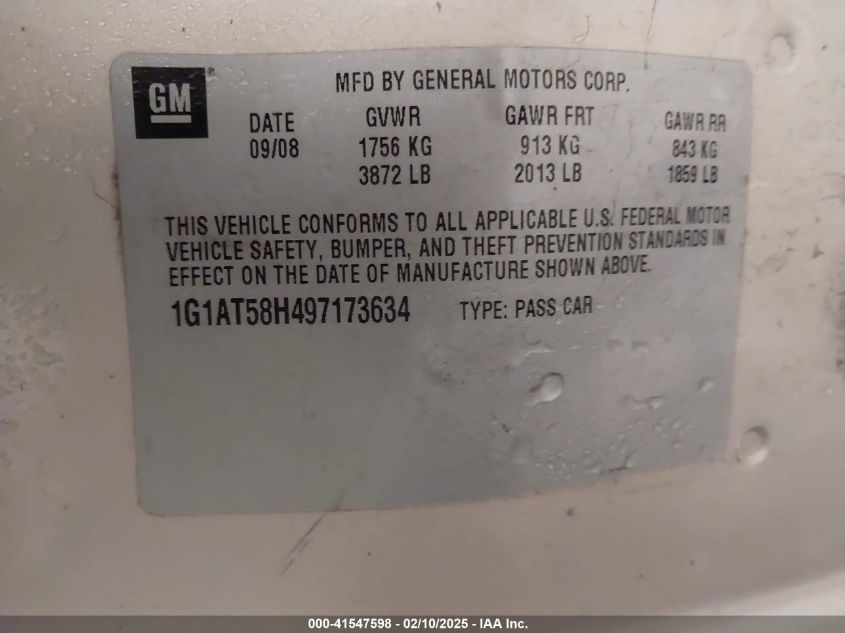 2009 Chevrolet Cobalt Lt VIN: 1G1AT58H497173634 Lot: 41547598