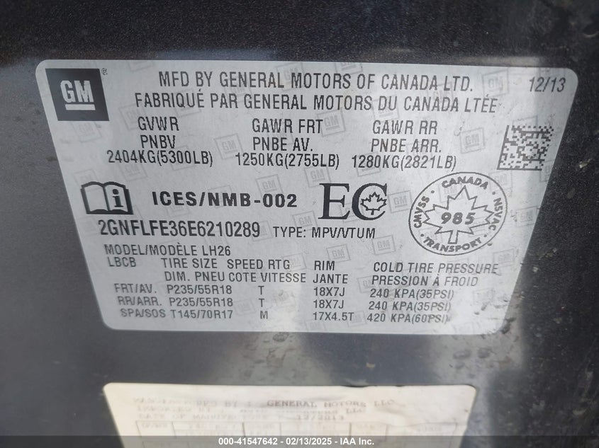 2014 CHEVROLET EQUINOX VIN: 2GNFLFE36E6210289