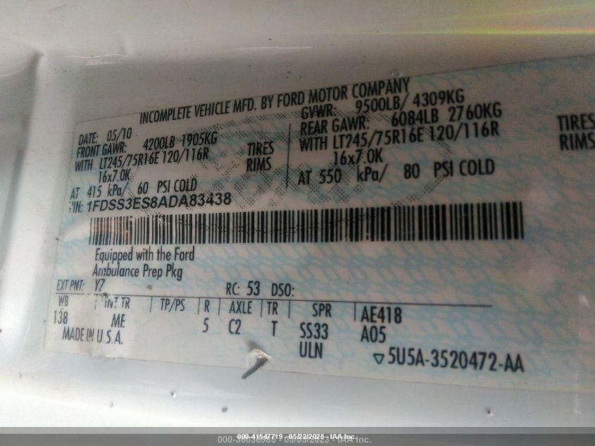 2010 Ford E-350 Super Duty Commercial/Recreational VIN: 1FDSS3ES8ADA83438 Lot: 41547719