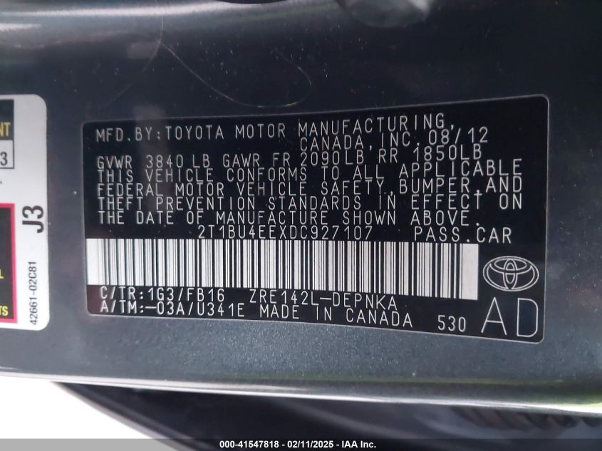 2013 Toyota Corolla Le VIN: 2T1BU4EEXDC927107 Lot: 41547818