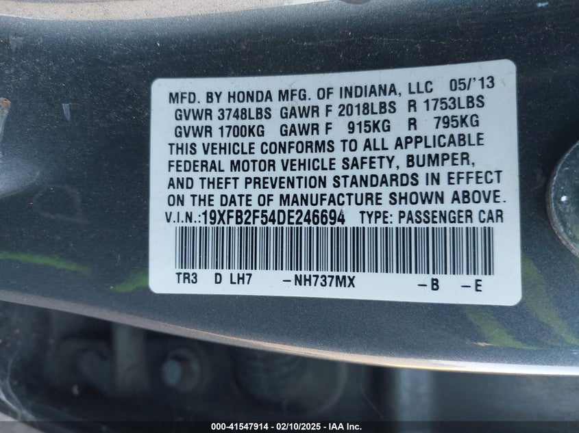 2013 HONDA CIVIC VIN: 19XFB2F54DE246694