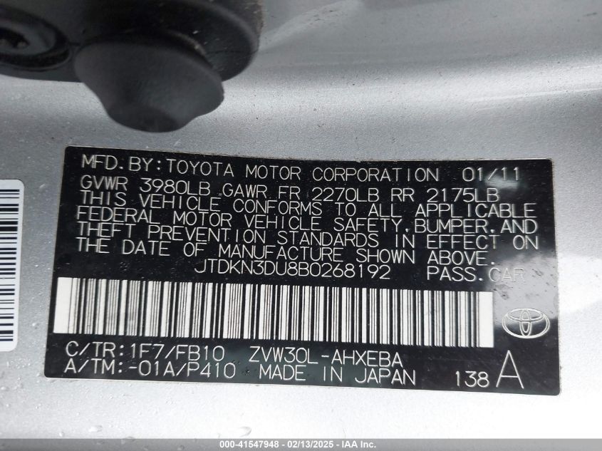 2011 Toyota Prius Two VIN: JTDKN3DU8B0268192 Lot: 41547948